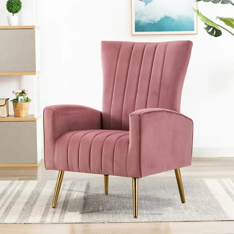Fauteuil d'appoint dossier haut en velours avec pieds en métal doré, gris / rose / bleu, 1 personne
