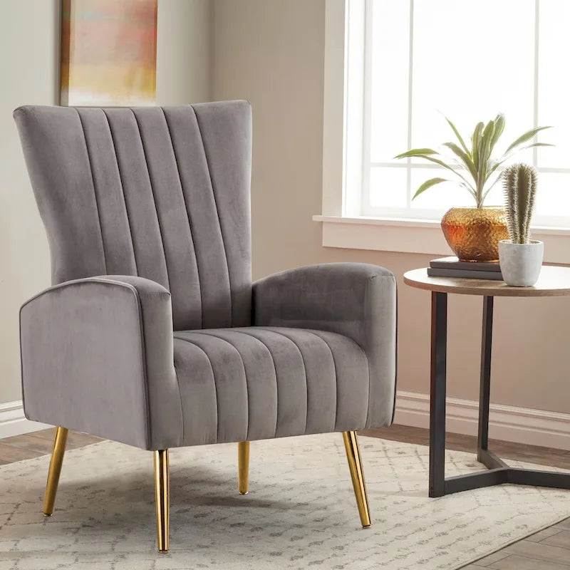 Fauteuil d'appoint dossier haut en velours avec pieds en métal doré, gris / rose / bleu, 1 personne
