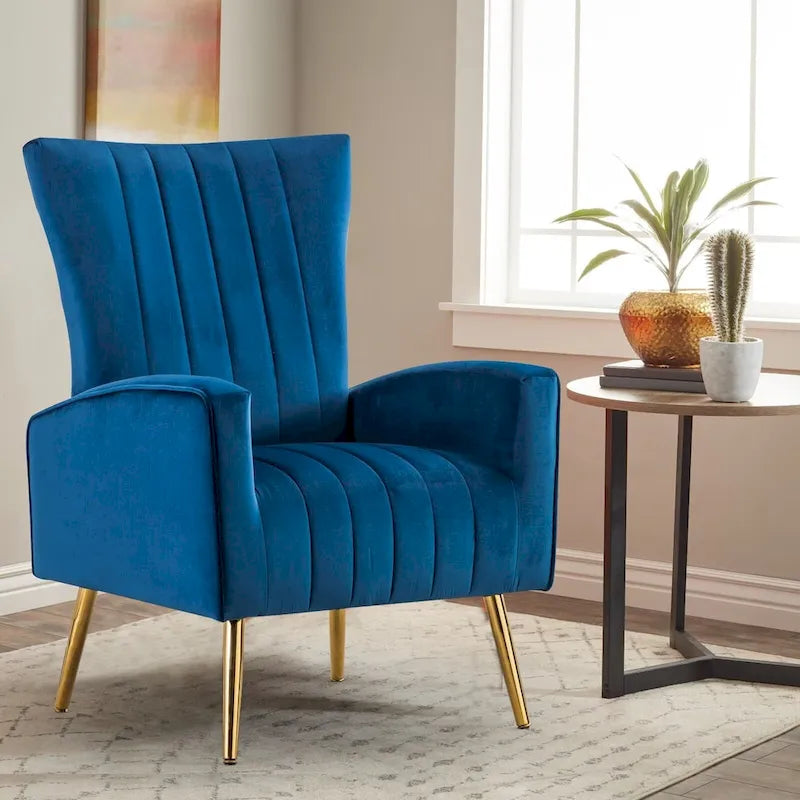 Fauteuil d'appoint dossier haut en velours avec pieds en métal doré, gris / rose / bleu, 1 personne