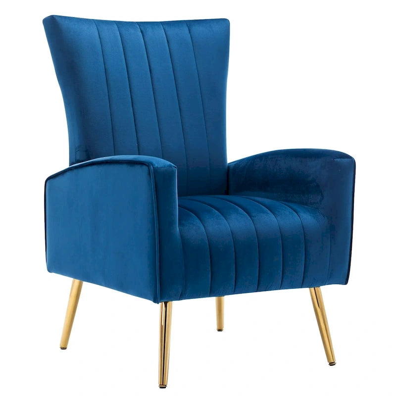 Fauteuil d'appoint dossier haut en velours avec pieds en métal doré, gris / rose / bleu, 1 personne