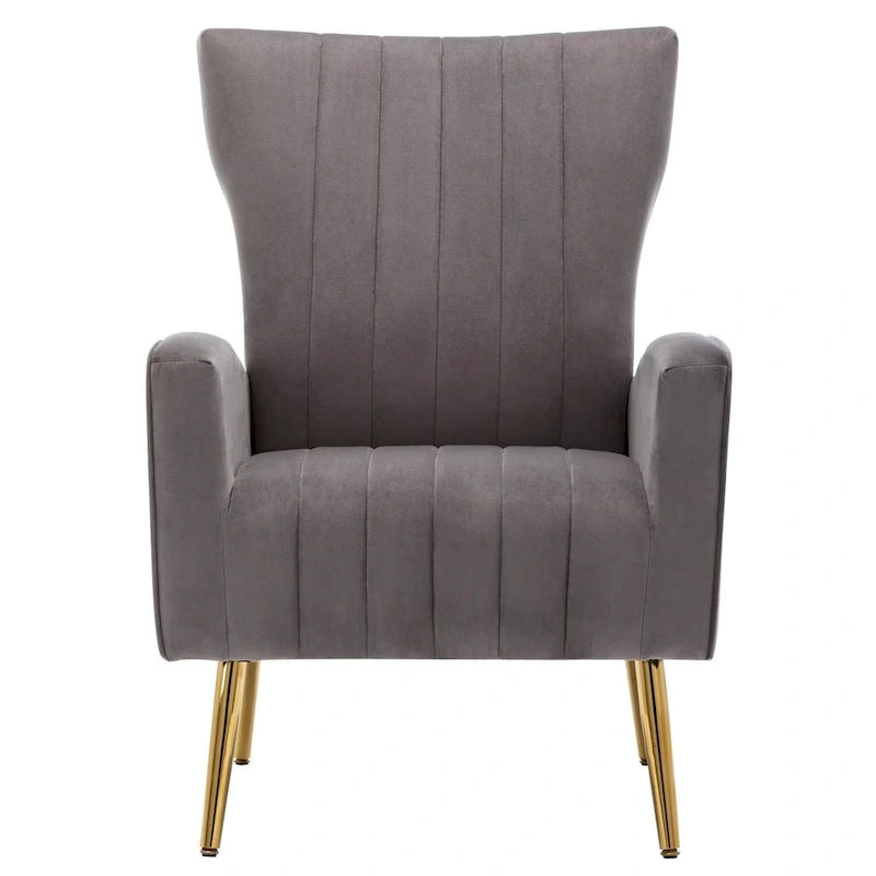 Fauteuil d'appoint dossier haut en velours avec pieds en métal doré, gris / rose / bleu, 1 personne