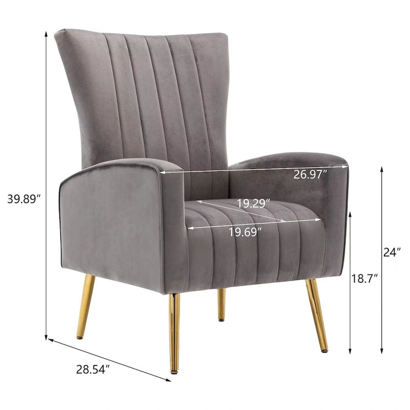 Fauteuil d'appoint dossier haut en velours avec pieds en métal doré, gris / rose / bleu, 1 personne