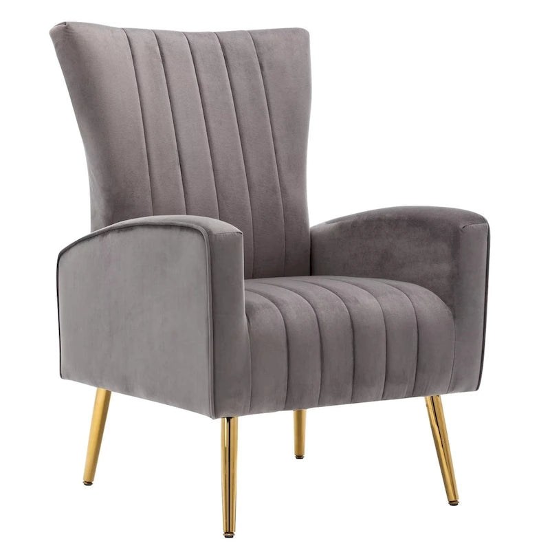 Fauteuil d'appoint dossier haut en velours avec pieds en métal doré, gris / rose / bleu, 1 personne