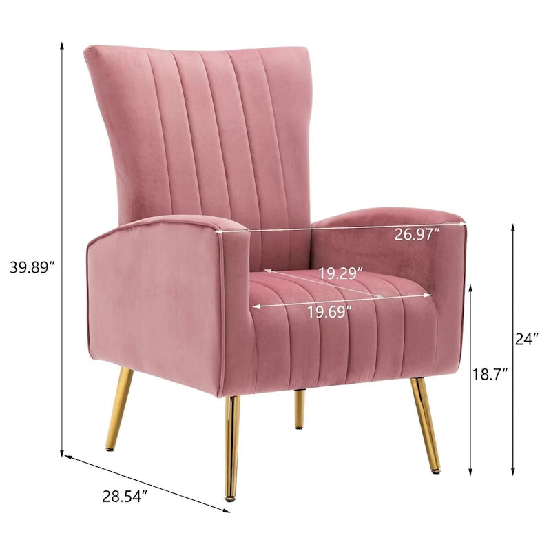 Fauteuil d'appoint dossier haut en velours avec pieds en métal doré, gris / rose / bleu, 1 personne
