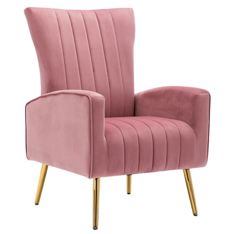 Fauteuil d'appoint dossier haut en velours avec pieds en métal doré, gris / rose / bleu, 1 personne