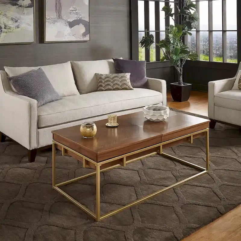 Table carrée en placage de noyer avec piètement en métal doré, naturel/doré, moderne du milieu du siècle, gigogne/d'appoint/basse