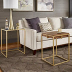 Table carrée en placage de noyer avec piètement en métal doré, naturel/doré, moderne du milieu du siècle, gigogne/d'appoint/basse