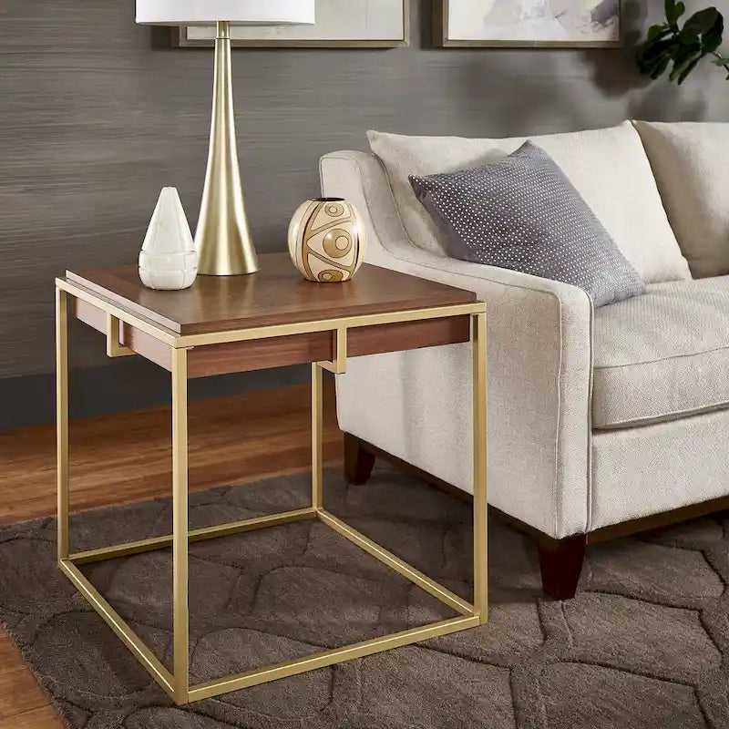 Table carrée en placage de noyer avec piètement en métal doré, naturel/doré, moderne du milieu du siècle, gigogne/d'appoint/basse