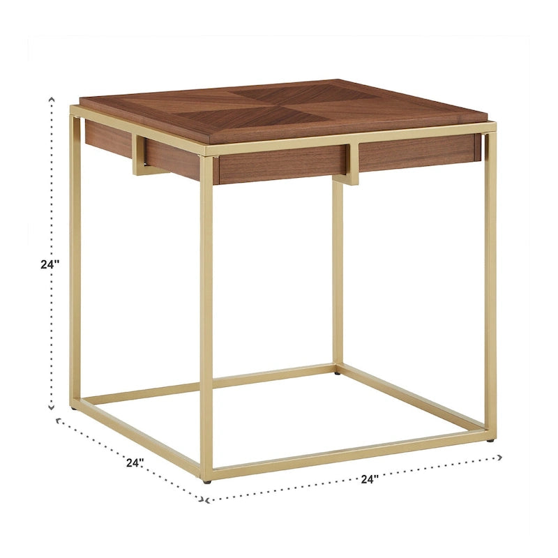 Table carrée en placage de noyer avec piètement en métal doré, naturel/doré, moderne du milieu du siècle, gigogne/d'appoint/basse