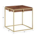 Table carrée en placage de noyer avec piètement en métal doré, naturel/doré, moderne du milieu du siècle, gigogne/d'appoint/basse