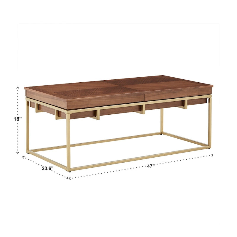 Table carrée en placage de noyer avec piètement en métal doré, naturel/doré, moderne du milieu du siècle, gigogne/d'appoint/basse
