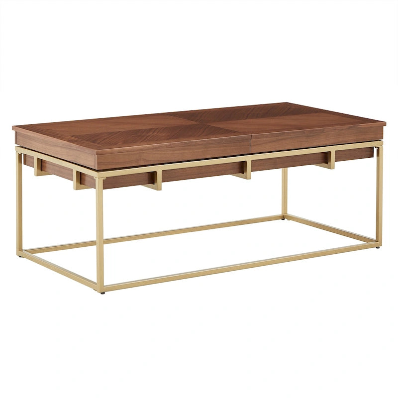Table carrée en placage de noyer avec piètement en métal doré, naturel/doré, moderne du milieu du siècle, gigogne/d'appoint/basse