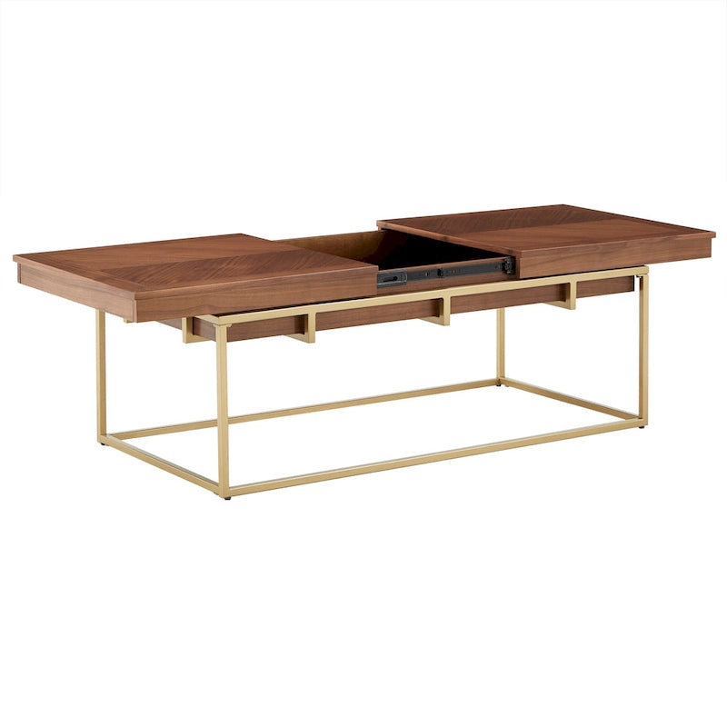 Table carrée en placage de noyer avec piètement en métal doré, naturel/doré, moderne du milieu du siècle, gigogne/d'appoint/basse