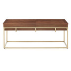Table carrée en placage de noyer avec piètement en métal doré, naturel/doré, moderne du milieu du siècle, gigogne/d'appoint/basse