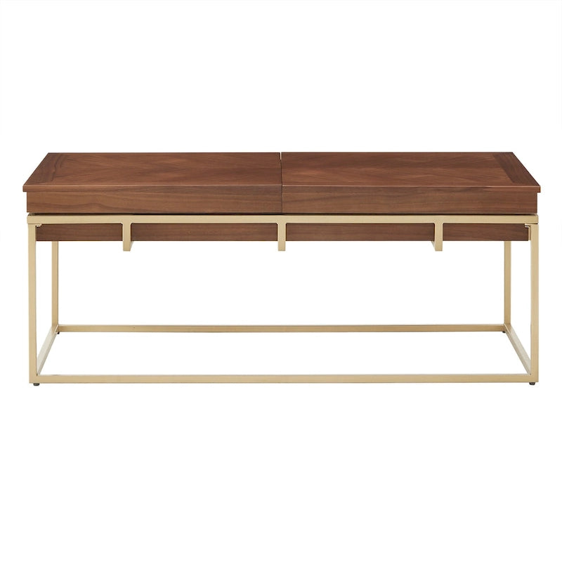 Table carrée en placage de noyer avec piètement en métal doré, naturel/doré, moderne du milieu du siècle, gigogne/d'appoint/basse