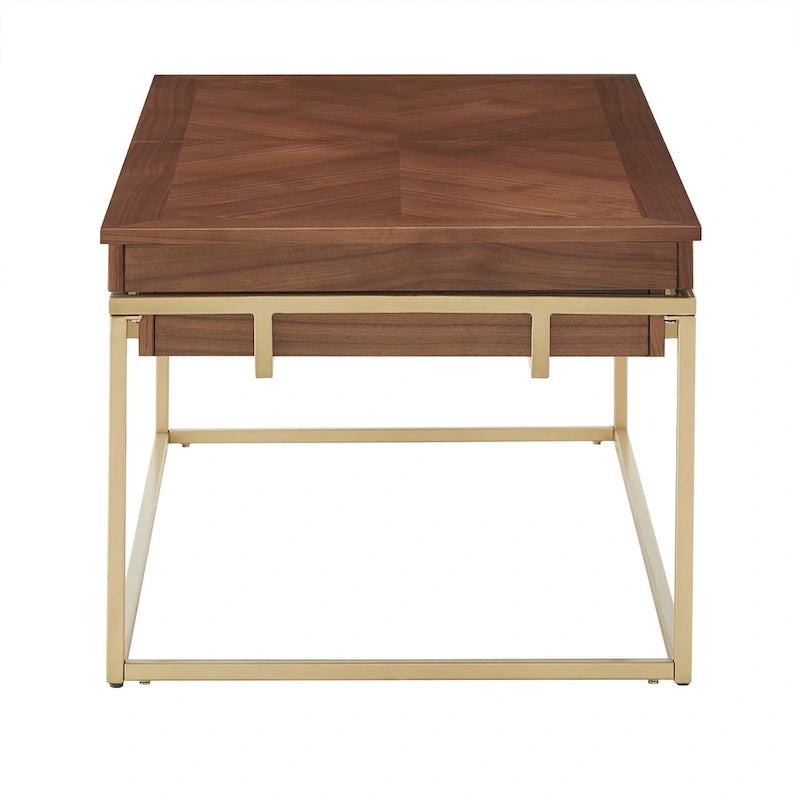 Table carrée en placage de noyer avec piètement en métal doré, naturel/doré, moderne du milieu du siècle, gigogne/d'appoint/basse