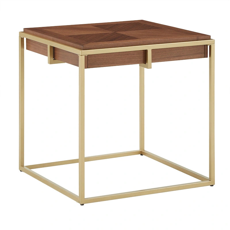 Table carrée en placage de noyer avec piètement en métal doré, naturel/doré, moderne du milieu du siècle, gigogne/d'appoint/basse
