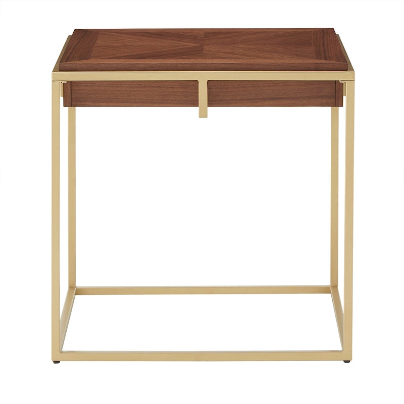 Table carrée en placage de noyer avec piètement en métal doré, naturel/doré, moderne du milieu du siècle, gigogne/d'appoint/basse