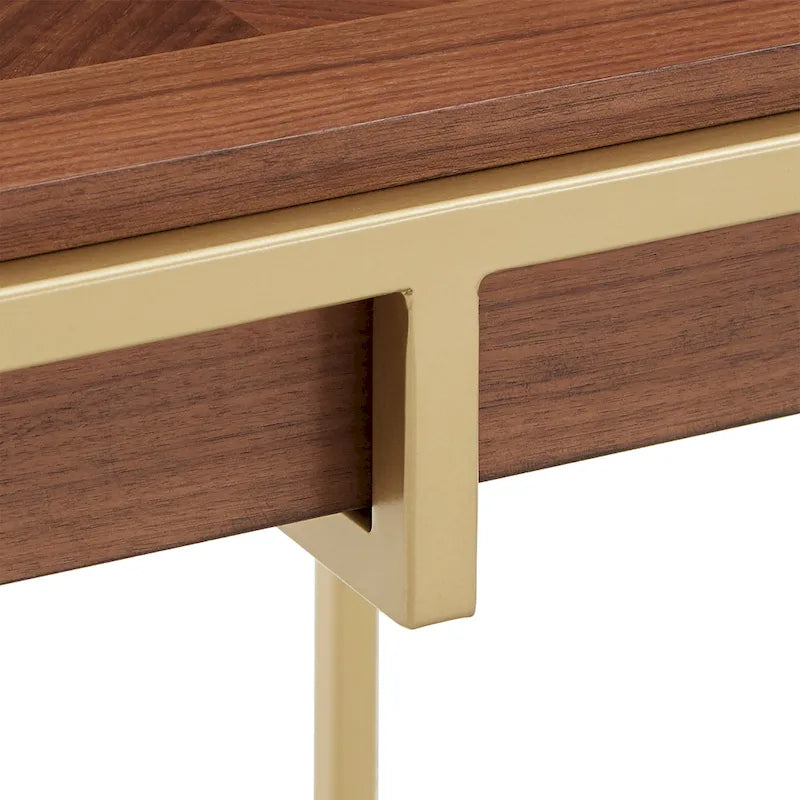 Table carrée en placage de noyer avec piètement en métal doré, naturel/doré, moderne du milieu du siècle, gigogne/d'appoint/basse