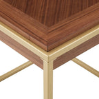 Table carrée en placage de noyer avec piètement en métal doré, naturel/doré, moderne du milieu du siècle, gigogne/d'appoint/basse