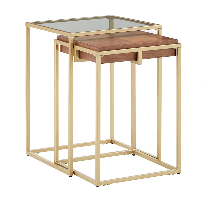 Table carrée en placage de noyer avec piètement en métal doré, naturel/doré, moderne du milieu du siècle, gigogne/d'appoint/basse