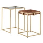 Table carrée en placage de noyer avec piètement en métal doré, naturel/doré, moderne du milieu du siècle, gigogne/d'appoint/basse