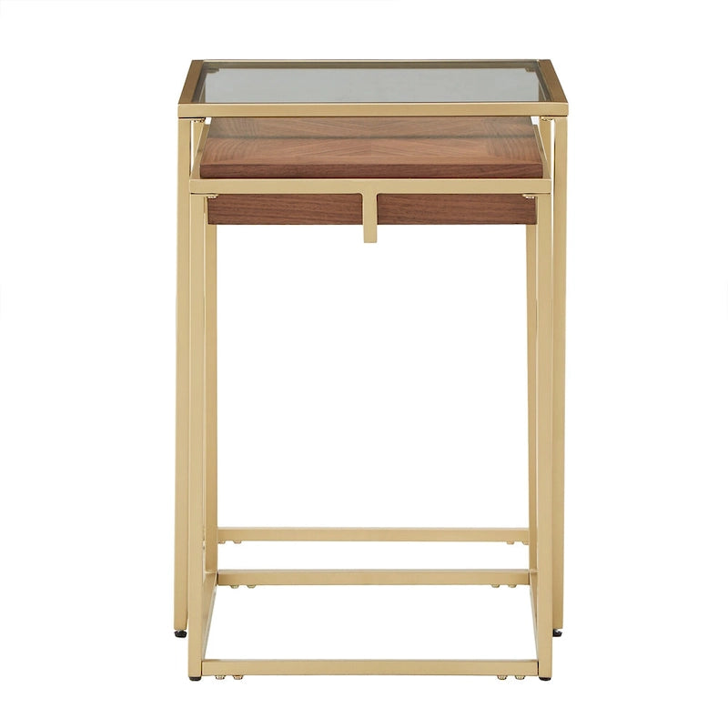 Table carrée en placage de noyer avec piètement en métal doré, naturel/doré, moderne du milieu du siècle, gigogne/d'appoint/basse