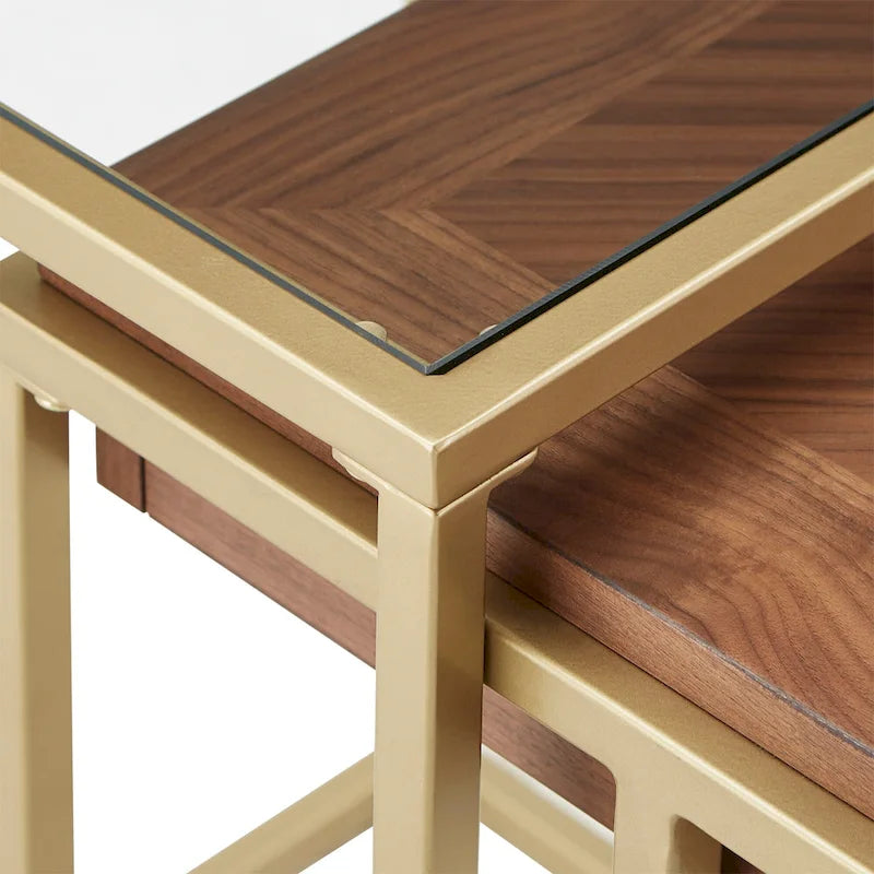 Table carrée en placage de noyer avec piètement en métal doré, naturel/doré, moderne du milieu du siècle, gigogne/d'appoint/basse