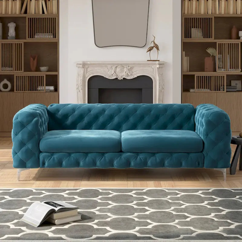 Canapé Chesterfield en velours touffeté, bleu marine / sarcelle / bleu français / gris, 3 places