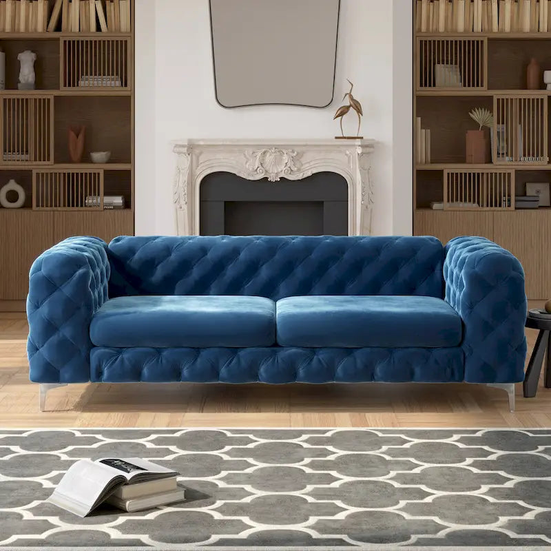 Canapé Chesterfield en velours touffeté, bleu marine / sarcelle / bleu français / gris, 3 places