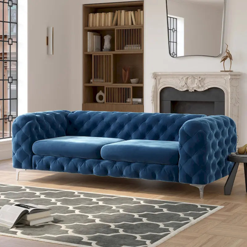 Canapé Chesterfield en velours touffeté, bleu marine / sarcelle / bleu français / gris, 3 places