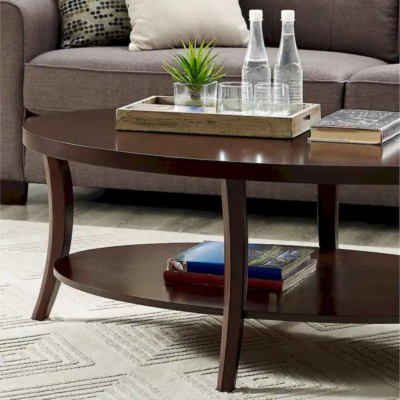 Table d'appoint ronde en bois dur / Table basse avec étagère inférieure, Espresso, Style classique