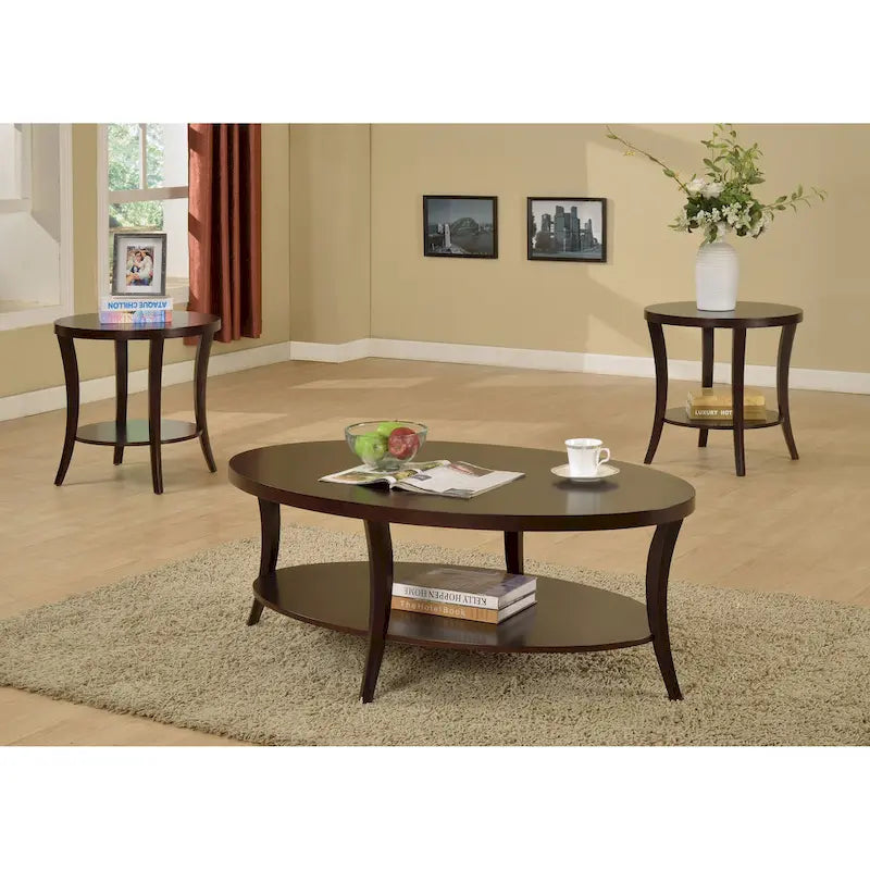 Table d'appoint ronde en bois dur / Table basse avec étagère inférieure, Espresso, Style classique
