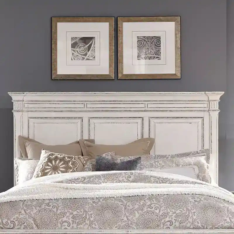 Tête de lit King Panel avec moulures et panneaux surélevés, blanc antique, style traditionnel, King