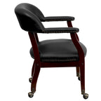Chaise de conférence avec garniture cloutée et roulettes, vinyle noir / bleu marine / rouge bœuf, style traditionnel, 1 personne