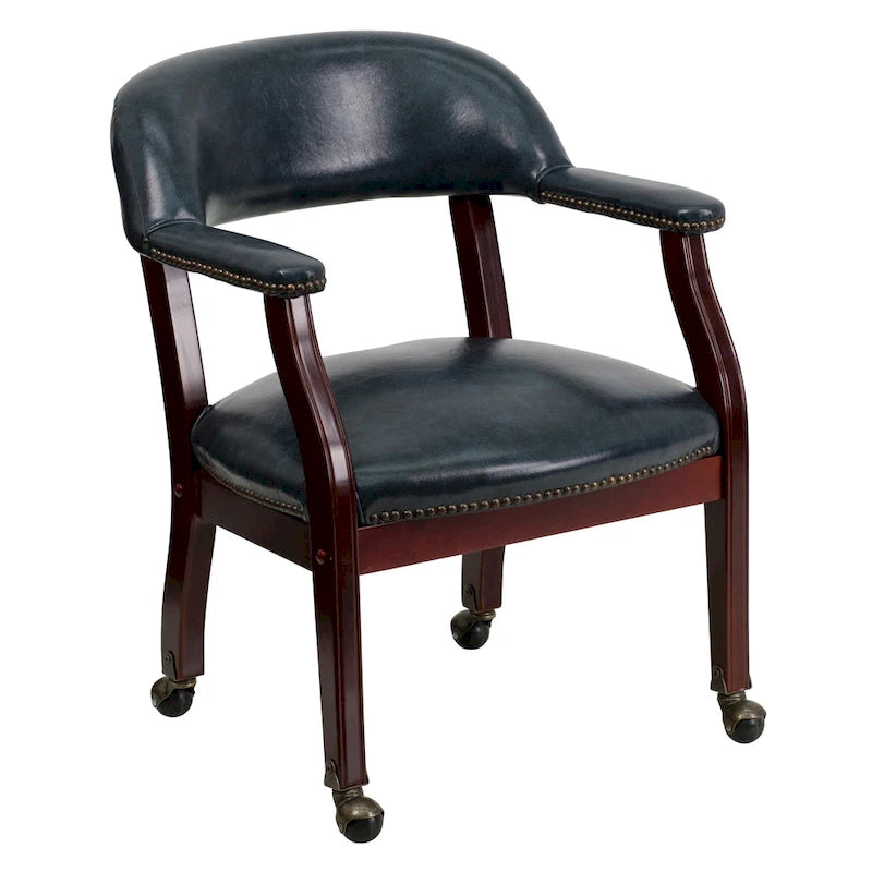 Chaise de conférence avec garniture cloutée et roulettes, vinyle noir / bleu marine / rouge bœuf, style traditionnel, 1 personne