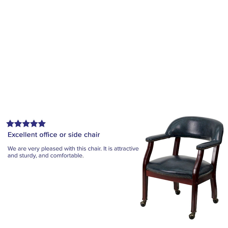 Chaise de conférence avec garniture cloutée et roulettes, vinyle noir / bleu marine / rouge bœuf, style traditionnel, 1 personne