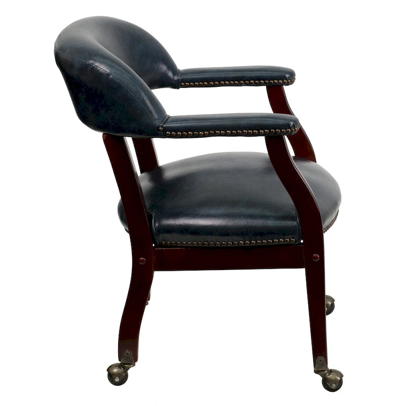 Chaise de conférence avec garniture cloutée et roulettes, vinyle noir / bleu marine / rouge bœuf, style traditionnel, 1 personne