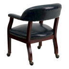 Chaise de conférence avec garniture cloutée et roulettes, vinyle noir / bleu marine / rouge bœuf, style traditionnel, 1 personne