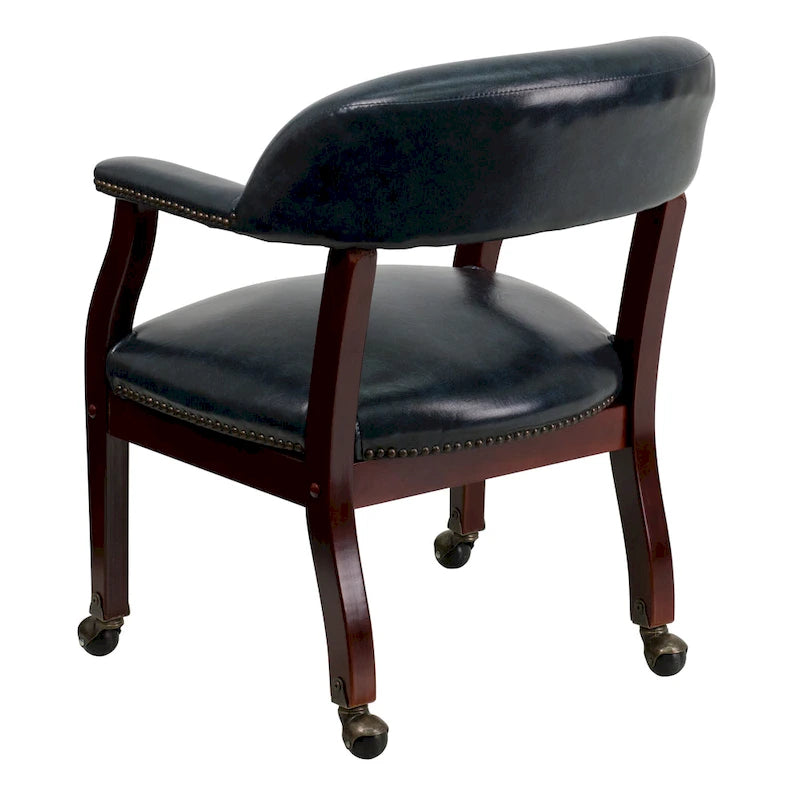 Chaise de conférence avec garniture cloutée et roulettes, vinyle noir / bleu marine / rouge bœuf, style traditionnel, 1 personne
