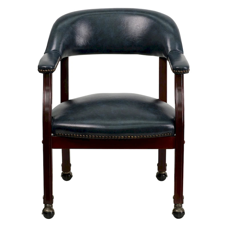 Chaise de conférence avec garniture cloutée et roulettes, vinyle noir / bleu marine / rouge bœuf, style traditionnel, 1 personne