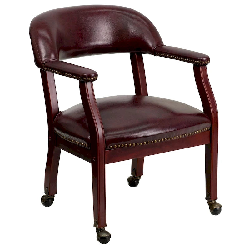 Chaise de conférence avec garniture cloutée et roulettes, vinyle noir / bleu marine / rouge bœuf, style traditionnel, 1 personne