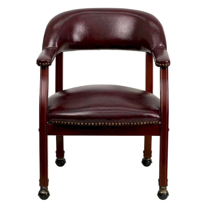 Chaise de conférence avec garniture cloutée et roulettes, vinyle noir / bleu marine / rouge bœuf, style traditionnel, 1 personne