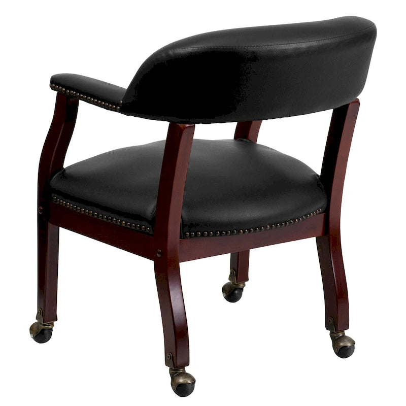 Chaise de conférence avec garniture cloutée et roulettes, vinyle noir / bleu marine / rouge bœuf, style traditionnel, 1 personne
