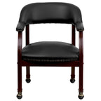 Chaise de conférence avec garniture cloutée et roulettes, vinyle noir / bleu marine / rouge bœuf, style traditionnel, 1 personne