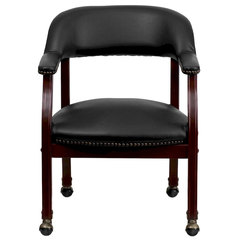 Chaise de conférence avec garniture cloutée et roulettes, vinyle noir / bleu marine / rouge bœuf, style traditionnel, 1 personne