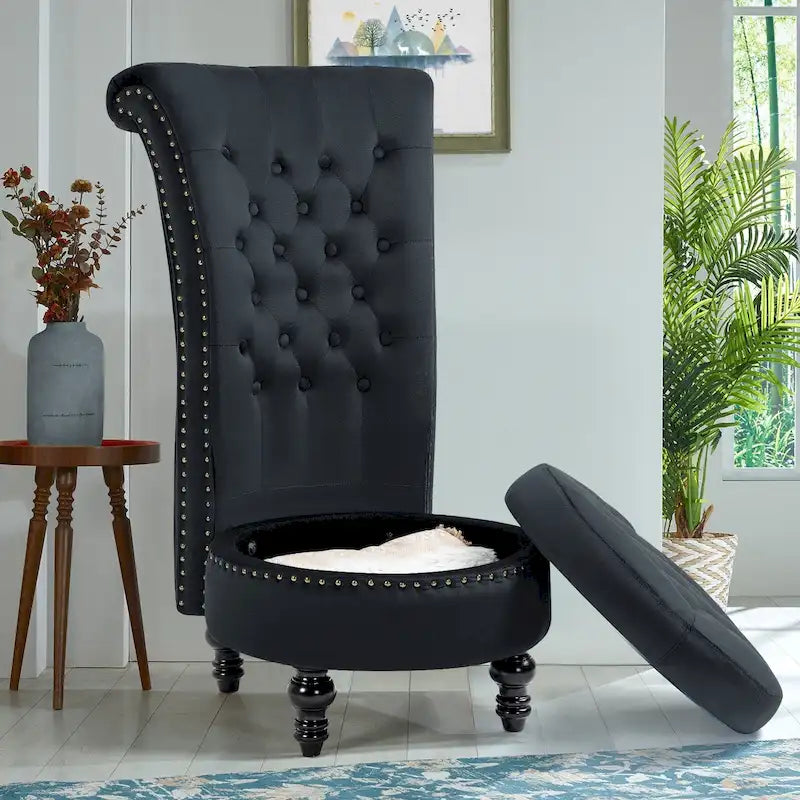 Fauteuil d'appoint en velours à dossier haut avec rangement, blanc / noir / bleu / gris, sans accoudoirs, 1 personne