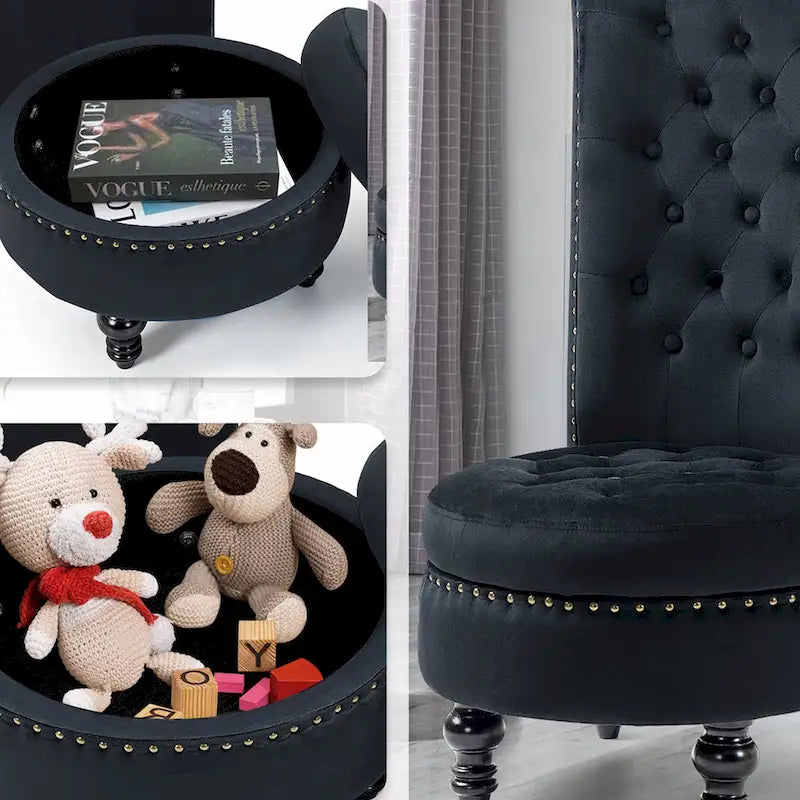 Fauteuil d'appoint en velours à dossier haut avec rangement, blanc / noir / bleu / gris, sans accoudoirs, 1 personne