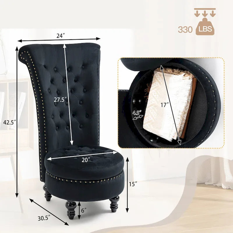 Fauteuil d'appoint en velours à dossier haut avec rangement, blanc / noir / bleu / gris, sans accoudoirs, 1 personne