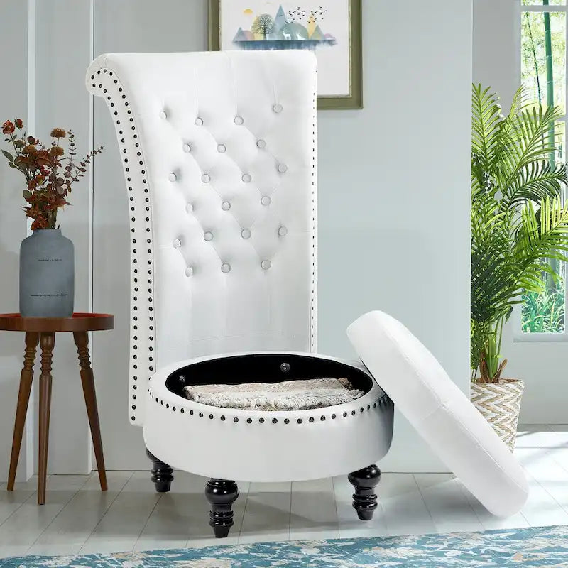 Fauteuil d'appoint en velours à dossier haut avec rangement, blanc / noir / bleu / gris, sans accoudoirs, 1 personne
